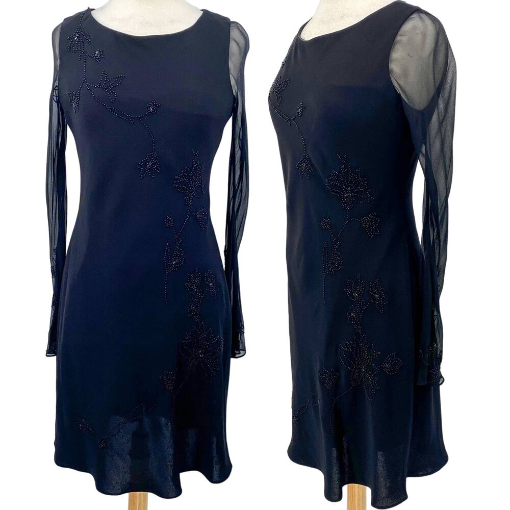 Vintage Jones New York Dress Beaded Floral Details Silk Sleeves Black Womens 12